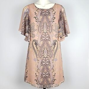 Women's Paisley Print Soft Blush Taupe Dress Butterfly Sleeves Chiffon 10